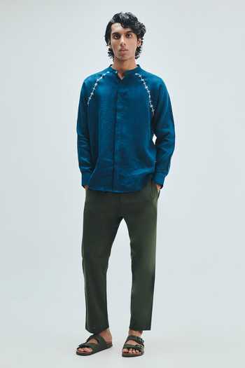 Saphed_Blue Linen Indigo Embroidered Raglan Shirt _Online_at_Aza_Fashions