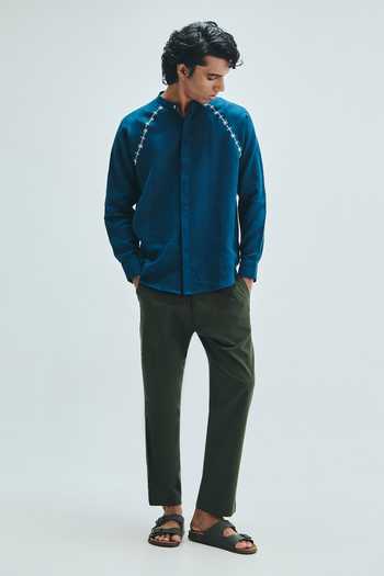 Buy_Saphed_Blue Linen Indigo Embroidered Raglan Shirt _Online_at_Aza_Fashions