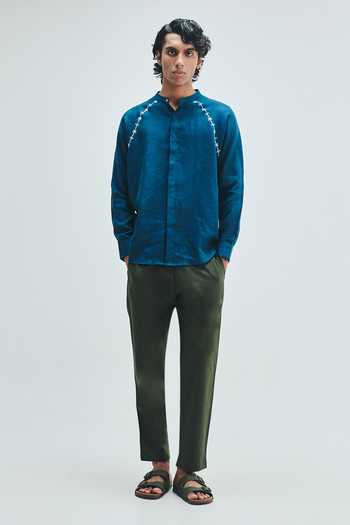Shop_Saphed_Blue Linen Indigo Embroidered Raglan Shirt _Online_at_Aza_Fashions