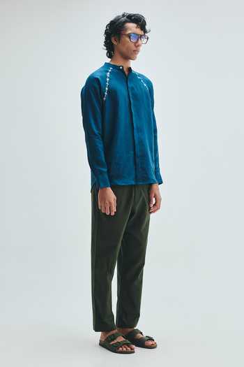 Saphed_Blue Linen Indigo Embroidered Raglan Shirt _at_Aza_Fashions