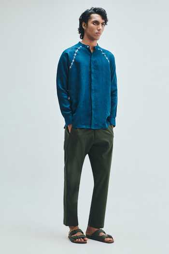 Buy_Saphed_Blue Linen Indigo Embroidered Raglan Shirt 