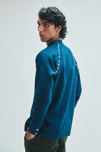 Saphed Indigo Linen Embroidered Raglan Shirt 