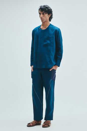 Saphed_Blue Linen Indigo Side Placket Shirt _Online_at_Aza_Fashions