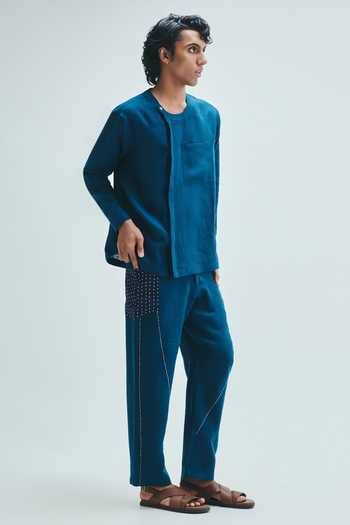 Buy_Saphed_Blue Linen Indigo Side Placket Shirt _Online_at_Aza_Fashions