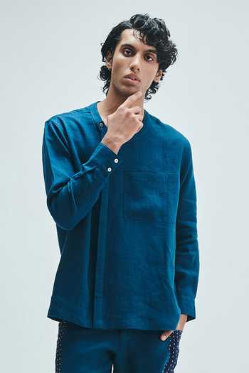 Saphed Indigo Linen Side Placket Shirt 