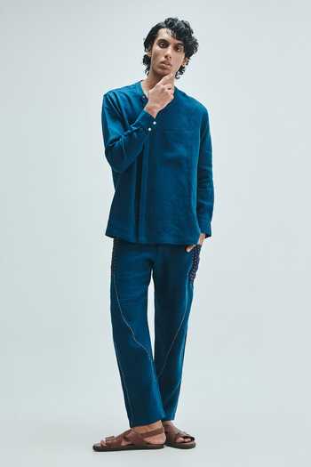Shop_Saphed_Blue Linen Indigo Side Placket Shirt _Online_at_Aza_Fashions