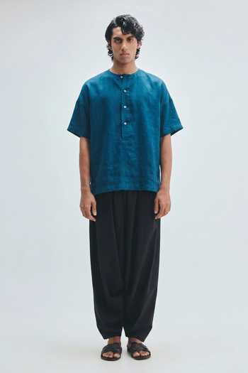 Saphed_Blue Linen Indigo Panelled Shirt _Online_at_Aza_Fashions