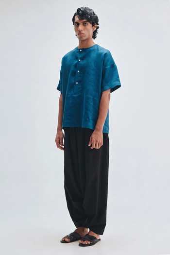 Buy_Saphed_Blue Linen Indigo Panelled Shirt _Online_at_Aza_Fashions