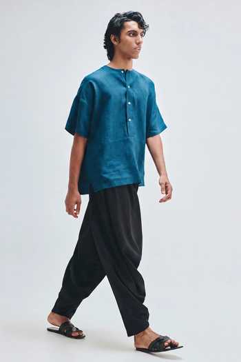 Shop_Saphed_Blue Linen Indigo Panelled Shirt _Online_at_Aza_Fashions