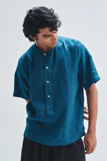 Saphed Indigo Linen Panelled Shirt 