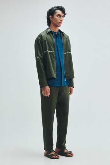 Saphed_Green Cotton, Linen Pine Track Jacket _Online_at_Aza_Fashions