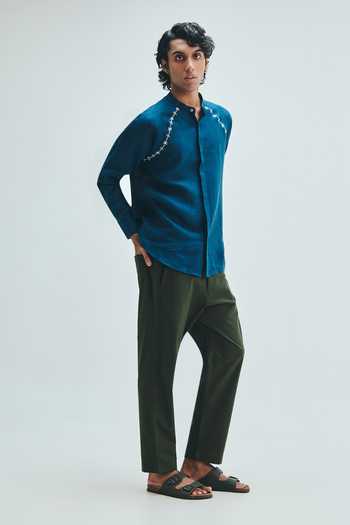 Buy_Saphed_Green Cotton, Linen Pine Tapered Lounge Pant _Online_at_Aza_Fashions