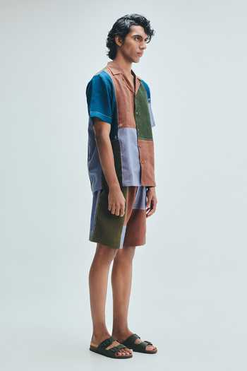 Saphed_Multi Color Linen Patchwork Camp Collar Shirt _Online_at_Aza_Fashions