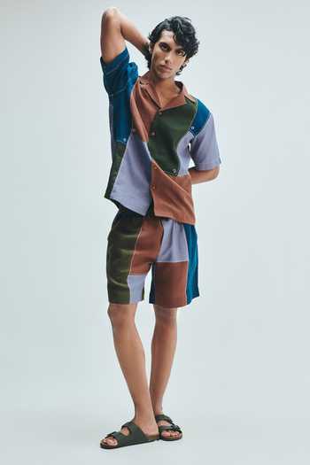 Shop_Saphed_Multi Color Linen Patchwork Camp Collar Shirt _Online_at_Aza_Fashions