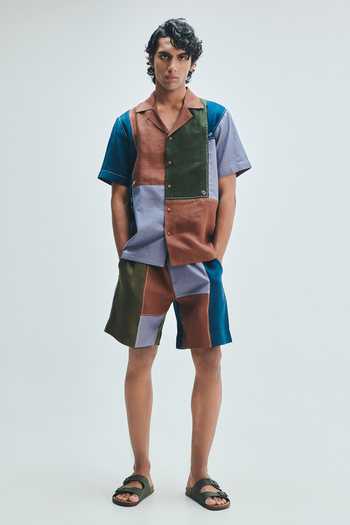 Saphed_Multi Color Linen Patchwork Camp Collar Shirt _at_Aza_Fashions