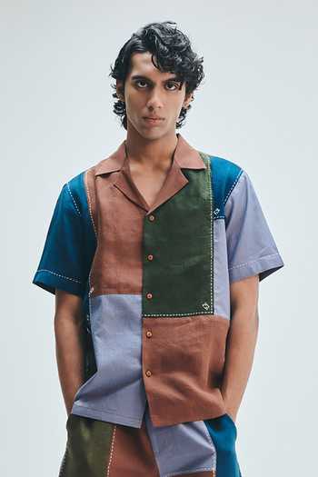 Saphed Patchwork Linen Camp Collar Shirt 
