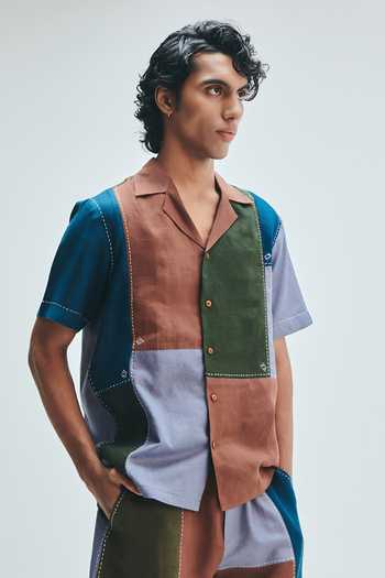 Buy_Saphed_Multi Color Linen Patchwork Camp Collar Shirt 