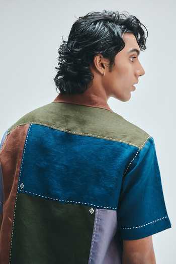 Shop_Saphed_Multi Color Linen Patchwork Camp Collar Shirt 