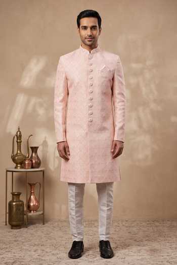 Arihant Rai Sinha Peach Jacquard, Silk Embroidery Scallop Jaal Sherwani And Aligadhi Pant Online at Aza Fashions Arihant Rai Sinha_Peach Jacquard, Silk Embroidery Scallop Jaal Sherwani And Aligadhi Pant _Online_at_Aza_Fashions