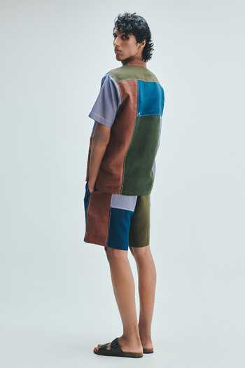 Saphed Patchwork Linen Camp Collar Shirt & Shorts Set 