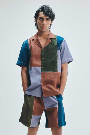 Saphed Patchwork Linen Camp Collar Shirt & Shorts Set 