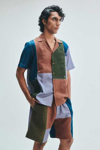 Saphed_Multi Color Linen Patchwork Camp Collar Shirt And Shorts Set _at_Aza_Fashions