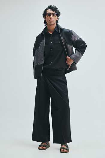 Saphed_Black Linen Kantha Applique Jacket _Online_at_Aza_Fashions
