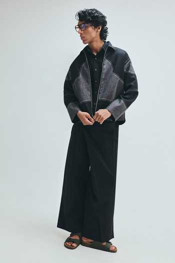 Buy_Saphed_Black Linen Kantha Applique Jacket _Online_at_Aza_Fashions