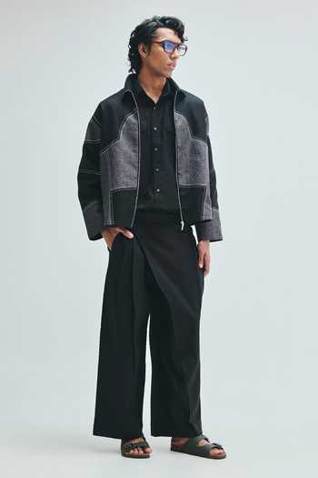 Saphed_Black Linen Kantha Applique Jacket _at_Aza_Fashions