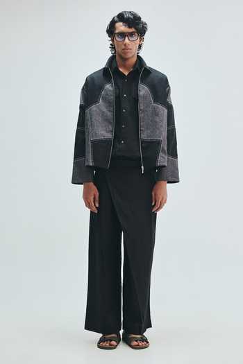 Buy_Saphed_Black Linen Kantha Applique Jacket 