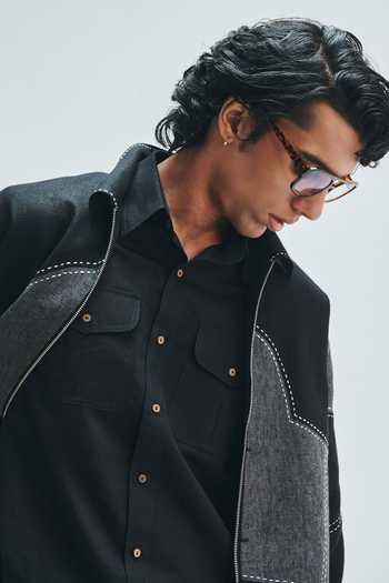 Shop_Saphed_Black Linen Kantha Applique Jacket 
