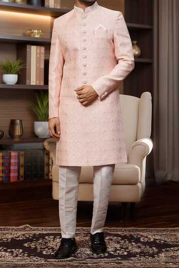 Buy Arihant Rai Sinha Peach Jacquard, Silk Embroidery Scallop Jaal Sherwani And Aligadhi Pant Online at Aza Fashions Buy_Arihant Rai Sinha_Peach Jacquard, Silk Embroidery Scallop Jaal Sherwani And Aligadhi Pant _Online_at_Aza_Fashions
