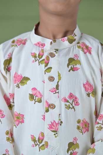 Shop_The Plum Bum_Ivory Cotton Floral Print Kurta And Pyjama Set _Online_at_Aza_Fashions