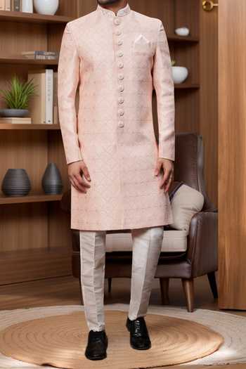Shop Arihant Rai Sinha Peach Jacquard, Silk Embroidery Scallop Jaal Sherwani And Aligadhi Pant Online at Aza Fashions Shop_Arihant Rai Sinha_Peach Jacquard, Silk Embroidery Scallop Jaal Sherwani And Aligadhi Pant _Online_at_Aza_Fashions