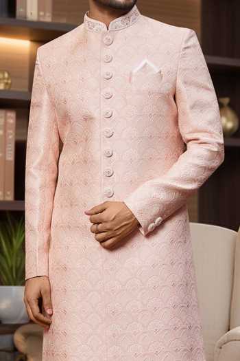 Arihant Rai Sinha Peach Jacquard, Silk Embroidery Scallop Jaal Sherwani And Aligadhi Pant at Aza Fashions Arihant Rai Sinha_Peach Jacquard, Silk Embroidery Scallop Jaal Sherwani And Aligadhi Pant _at_Aza_Fashions