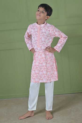 The Plum Bum_Peach Cotton Thread Work Kurta Set _Online_at_Aza_Fashions
