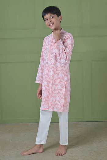 Buy_The Plum Bum_Peach Cotton Thread Work Kurta Set _Online_at_Aza_Fashions