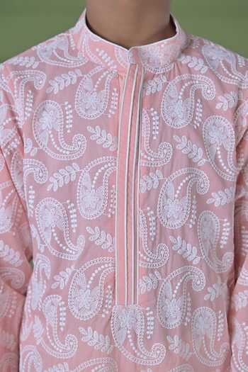 The Plum Bum_Peach Cotton Thread Work Kurta Set _at_Aza_Fashions