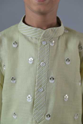 Shop_The Plum Bum_Green Cotton, Linen Floral Butti Embroidered Set _Online_at_Aza_Fashions