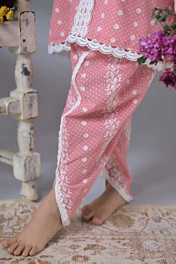 Buy_The Plum Bum_Pink Cotton Thread Work Kurta And Tulip Pant Set _Online_at_Aza_Fashions
