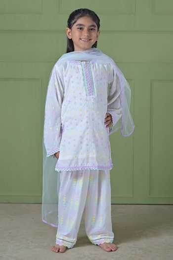 Buy_The Plum Bum_White Cotton, Rayon, Net Embroidered Kurta Farshi Salwar Set _Online_at_Aza_Fashions
