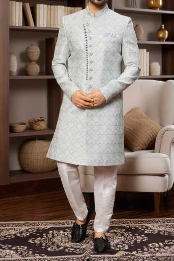 Arihant Rai Sinha Sky Blue Jacquard, Silk Embroidery Scallop Floral Jaal Sherwani And Aligadhi Pant Online at Aza Fashions Arihant Rai Sinha_Sky Blue Jacquard, Silk Embroidery Scallop Floral Jaal Sherwani And Aligadhi Pant _Online_at_Aza_Fashions