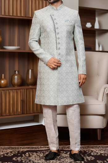 Buy Arihant Rai Sinha Sky Blue Jacquard, Silk Embroidery Scallop Floral Jaal Sherwani And Aligadhi Pant Online at Aza Fashions Buy_Arihant Rai Sinha_Sky Blue Jacquard, Silk Embroidery Scallop Floral Jaal Sherwani And Aligadhi Pant _Online_at_Aza_Fashions