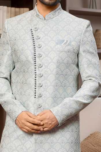 Shop Arihant Rai Sinha Sky Blue Jacquard, Silk Embroidery Scallop Floral Jaal Sherwani And Aligadhi Pant Online at Aza Fashions Shop_Arihant Rai Sinha_Sky Blue Jacquard, Silk Embroidery Scallop Floral Jaal Sherwani And Aligadhi Pant _Online_at_Aza_Fashions