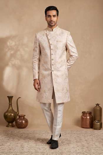 Buy Arihant Rai Sinha Beige Jacquard, Silk Embroidery Floral Paisley Sherwani And Aligadhi Pant at Aza Fashions Buy_Arihant Rai Sinha_Beige Jacquard, Silk Embroidery Floral Paisley Sherwani And Aligadhi Pant _at_Aza_Fashions
