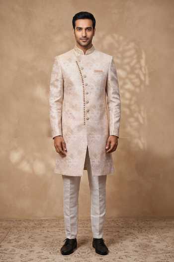 Arihant Rai Sinha Beige Jacquard, Silk Embroidery Floral Paisley Sherwani And Aligadhi Pant Online at Aza Fashions Arihant Rai Sinha_Beige Jacquard, Silk Embroidery Floral Paisley Sherwani And Aligadhi Pant _Online_at_Aza_Fashions