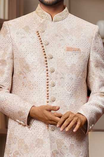 Buy Arihant Rai Sinha Beige Jacquard, Silk Embroidery Floral Paisley Sherwani And Aligadhi Pant Online at Aza Fashions Buy_Arihant Rai Sinha_Beige Jacquard, Silk Embroidery Floral Paisley Sherwani And Aligadhi Pant _Online_at_Aza_Fashions
