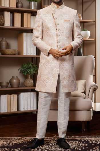 Shop Arihant Rai Sinha Beige Jacquard, Silk Embroidery Floral Paisley Sherwani And Aligadhi Pant Online at Aza Fashions Shop_Arihant Rai Sinha_Beige Jacquard, Silk Embroidery Floral Paisley Sherwani And Aligadhi Pant _Online_at_Aza_Fashions