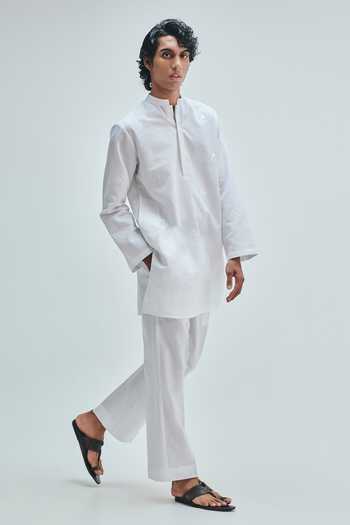 Shop_Saphed_White Cotton, Linen Taj Straight Pleated Pant _Online_at_Aza_Fashions