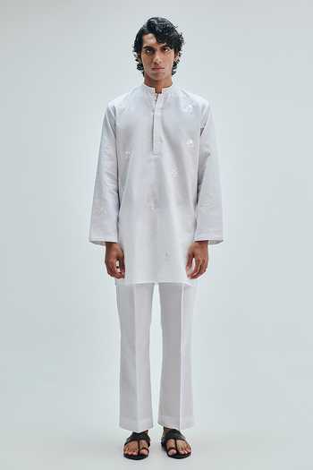 Saphed_White Cotton, Linen Taj Straight Pleated Pant _at_Aza_Fashions